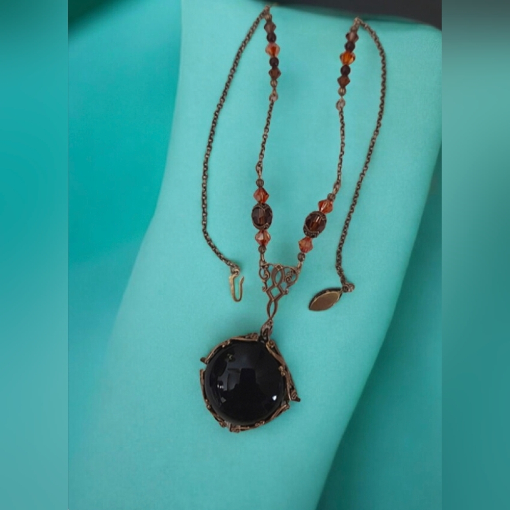 Antique 1930's Czech Glass Cabochon Pendant Necklace in Brass Setting